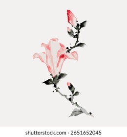 Elegant watercolor flower illustration with pink petals. Delicate flower design with soft pink hues. Artistic flower art, showcasing pink floral beauty. Vintage flower illustration vector.