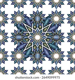 Elegant watercolor geometric mosaic seamless pattern. Featuring abstract decorative elements, floral accents, and vibrant colors. Perfect for stylish backgrounds, textile prints, and surface design.