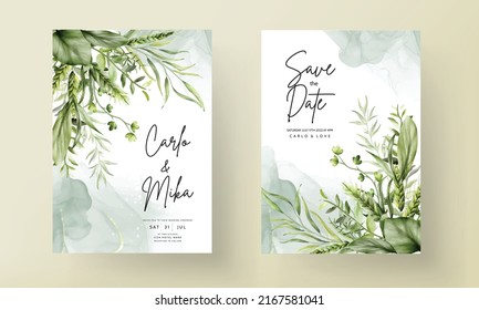 elegant watercolor greenery grass and leaves wedding invitation card set template