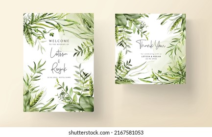 elegant watercolor greenery grass and leaves wedding invitation card set template