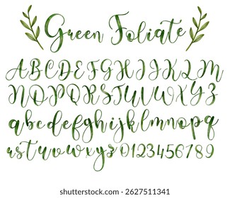 Elegant watercolor hand-painted green alphabet with uppercase, lowercase letters, and numbers. Perfect for invitations, greeting cards, botanical designs, and nature-themed projects.
