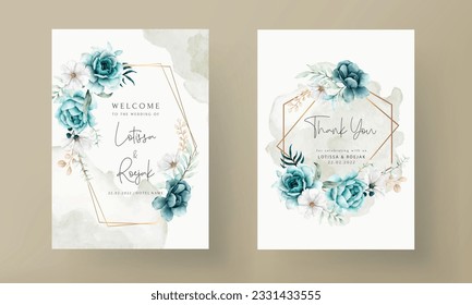 elegant watercolor invitation card with tosca flower and leaves