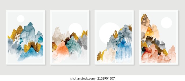 Elegant watercolor landscape wall art template. Abstract colorful wallpaper with mountains, hills, gold shade and sun. Luxury nature design for background, home decor, interior, banner, and prints.