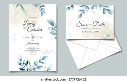 Elegant watercolor leaves invitation card set