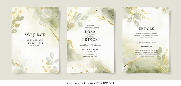 Elegante acuarela y hojas en la plantilla de la tarjeta de invitación a la boda