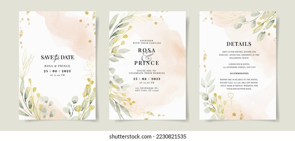 Elegant watercolor and leaves on wedding invitation card template