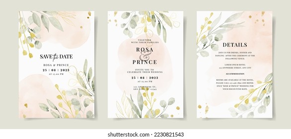 Elegant watercolor and leaves on wedding invitation card template