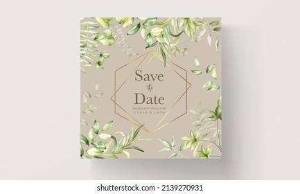 Elegant watercolor leaves wedding card template
