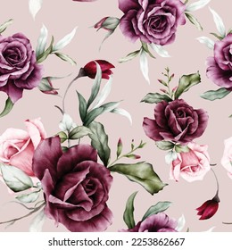 elegant watercolor maroon roses flower seamless pattern