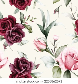 elegant watercolor maroon roses flower seamless pattern