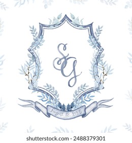 Elegant Watercolor Monogram Crest with Initials S and G, Featuring a Delicate Blue Floral Design and a Ribbon Banner with the Date.