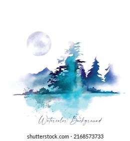 elegant watercolor mountain on white background for wedding, book cover, wallpaper, wall art. Beautiful blue mountain, pine, lake watercolor painting.