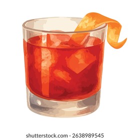 Elegant watercolor Negroni cocktail with orange slice. Vector illustration isolated on white background. Ideal for bar menus, mixology posters, and stylish drink-themed projects.