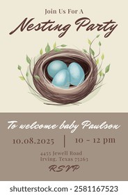 Elegant watercolor Nesting Party invitation with bird's nest, blue eggs, soft earth tones, and handwritten typography. Perfect for baby showers, gender reveal parties, and nature-themed celebrations.