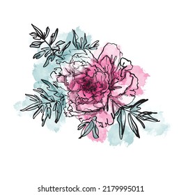 Elegante flor de color acuático rosa de peonía con hojas aisladas en fondo blanco. Esbozar dibujo floral lineal en puntos coloreados para logotipo, avatar o afiche de arte