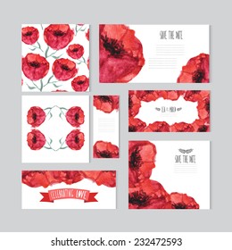 Elegant watercolor red floral cards, design elements. Can be used for wedding, baby shower, mothers day, valentines day, birthday cards, invitations, banners, flyers, gift wrap, print, manufacturing