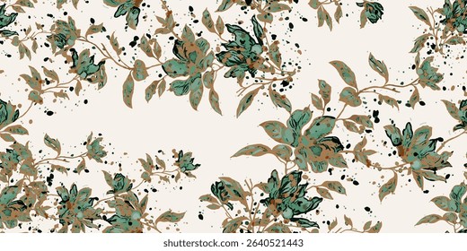 Elegant watercolor seamless pattern. Artistic hand-drawn botanical illustration of garden flowers and flora. Colorful abstract floral bloom with texture for fabric fashion design.