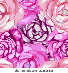 Elegant Watercolor Seamless Pattern with Beautiful Roses. Vector Endless Flowers Background.