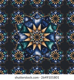 Elegant watercolor seamless pattern featuring geometric star designs in luxurious shades of blue and gold. This versatile abstract background is ideal for fabric, wallpaper.