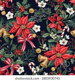 Elegant watercolor seamless pattern featuring festive Christmas flowers, poinsettias, holly, mistletoe, pine branches, white blossoms, candy canes, striped ribbons and golden bells. Perfect for wrapping paper, fabric, wallpaper, stationery and seasonal holiday decor.