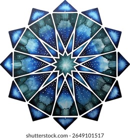 Elegant aquarel starburst ontwerp met een levendig blauw en groenblauw geometrisch patroon. Deze symmetrische vector is perfect voor artistieke achtergronden, decoratieve elementen.