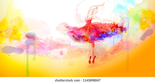 Elegant watercolor style ballerina dancing with colorful paint strokes