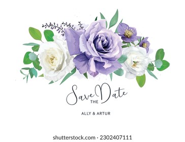 Elegant, watercolor style purple white bouquet. Save the date card template. Rose flowers, helleborum, lisanthus, eucalyptus greenery leaves. Delicate, editable, vector wedding invite, greeting design
