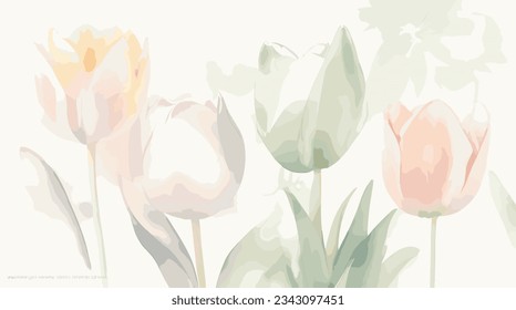 Elegant Watercolor Tulips: Soft varied shades on white. Ideal for art projects, prints, decor, natural beauty. Editable, Customizable.