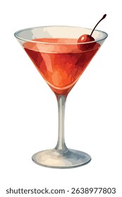 Elegant watercolor vector illustration of a Manhattan cocktail in a classic martini glass with cherry. Isolated on white background. Ideal for bar menus, mixology projects, and vintage drink designs.