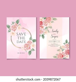 Elegant watercolor wedding card with beautiful floral and leaves template