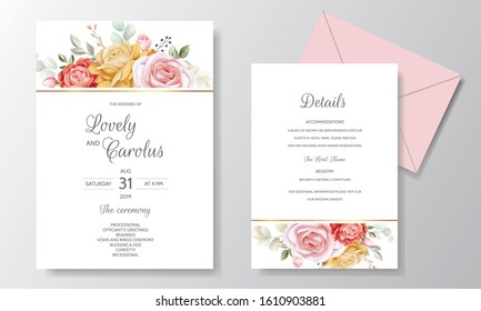 Elegant watercolor wedding invitation card template set with beautiful floral and leaves