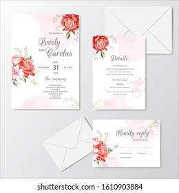 Elegant watercolor wedding invitation card template set with beautiful floral and leaves