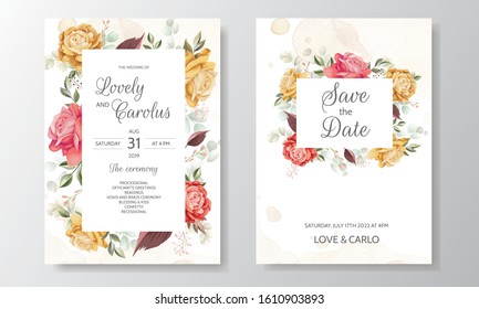 Elegant watercolor wedding invitation card template set with beautiful floral and leaves