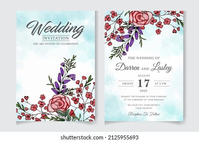 Elegant watercolor wedding invitation card with greenery leaves, flowers, watercolor background, floral elements, greeting cards, watercolor illustrations, multi-purpose vector, watercolor texture.