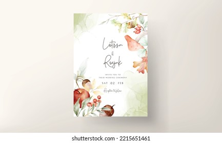 elegant watercolor wedding invitation card with red apple, nut and mushroom