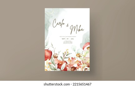 elegant watercolor wedding invitation card with red apple, nut and mushroom