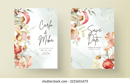 elegant watercolor wedding invitation card with red apple, nut and mushroom