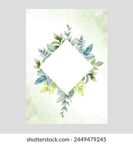 Elegant watercolor wedding invitation card template design with green leaves
