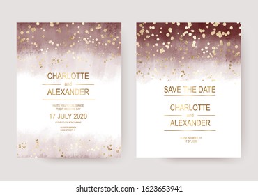 Elegant watercolor wedding invitation cards with gold confetti.