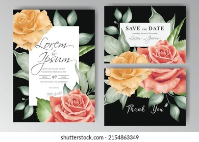 Elegant Watercolor Wedding Invitation Set template with Hand drawn floral and leaves