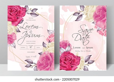 Elegant Watercolor Wedding Invitation Set template with Hand drawn floral and leaves
