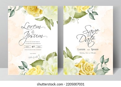 Elegant Watercolor Wedding Invitation Set template with Hand drawn floral and leaves