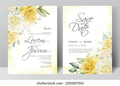 Elegant Watercolor Wedding Invitation Set template with Hand drawn floral and leaves