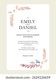 Elegant watercolor wedding invitation template with golden, burgundy, and blue autumn foliage. Decorative gold stars add a magical touch. Perfect for fall weddings and romantic events.