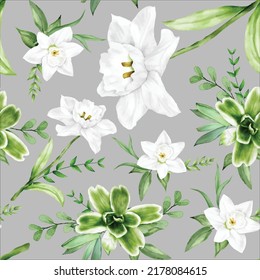 elegant watercolor white flower and green leaves seamless pattern design