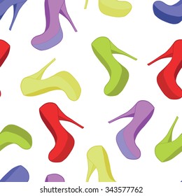 Elegant watercolor woman's colorful shoes seamless vector pattern on a high platform.