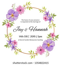 Elegant watercolor wreath with purple pink flowers and green leaves decorated wedding invitation template 