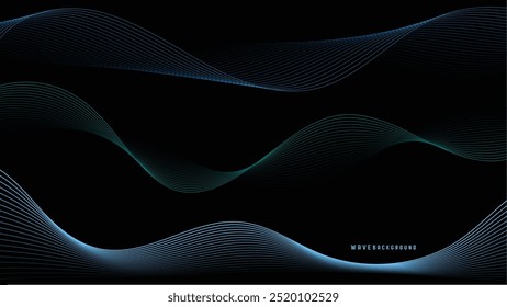 Design de fundo de onda elegante com linhas suaves e fluentes em tons de azul e verde contra fundo preto, criando efeito visual moderno e dinâmico.