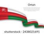 Elegant, wavy abstract representation flag of Oman, flowing on a white background with placeholder text