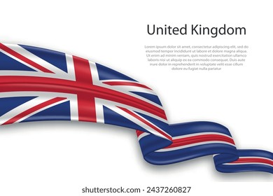 Elegant, wavy abstract representation flag of United Kingdom, flowing on a white background with placeholder text